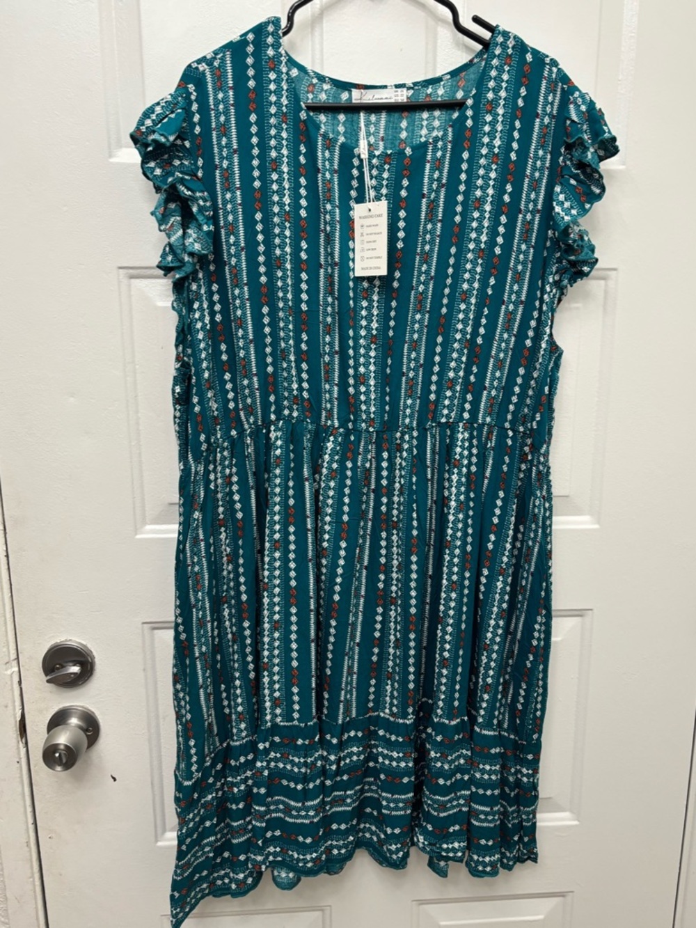 Women's Teal Striped Ruffle Sleeve Midi Dress